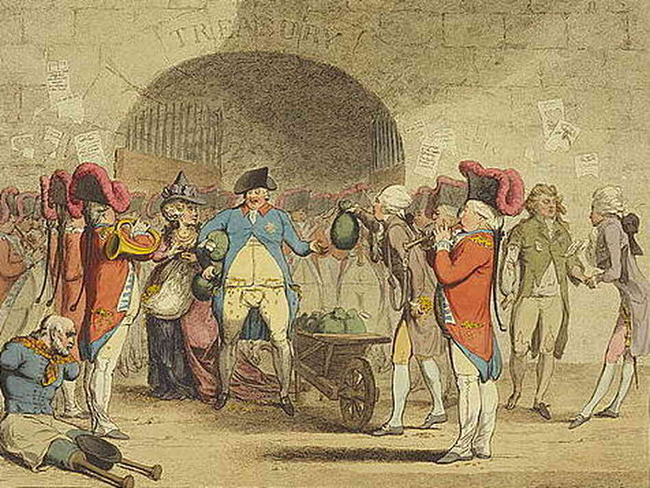 An 18th century political cartoon entitled "A New Way to Pay the National Debt." An 18th century political cartoon entitled "A New Way to Pay the National Debt."