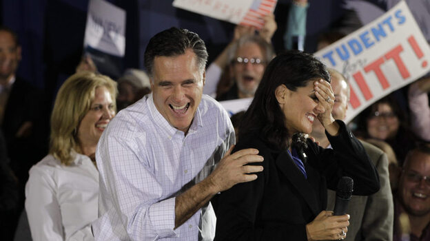 Mitt Romney laughs with South Carolina Gov. Nikki Haley (right) during a campaign event in Greenville, S.C., on Jan. 20. Haley says Ann Romney (left) will be important in helping the former Massachusetts governor appeal to female voters.