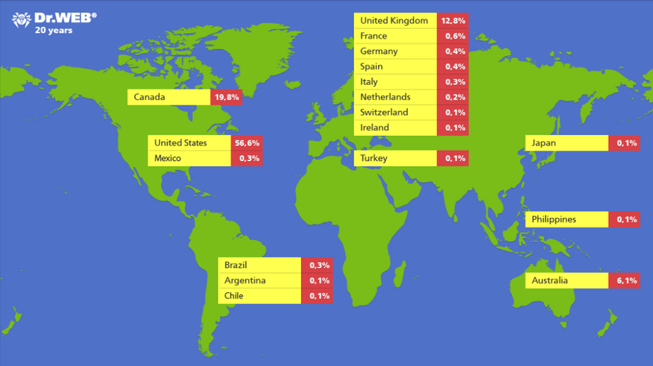 A map released by Dr. Web shows where the anti-virus software company found infected Macs.