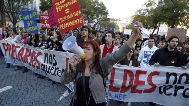 A group of young Portuguese protest at Lisbon's Rossio square last month to vent their frustration at grim career prospects amid an acute economic crisis that shows no signs of abating. A group of young Portuguese protest at Lisbon's Rossio square last month to vent their frustration at grim career prospects amid an acute economic crisis that shows no signs of abating.