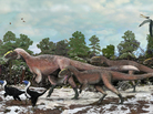 An artist's impression of a group of Yutyrannus. The 30-foot-long dinosaurs were covered with downy feathers — likely to keep the animals warm. An artist's impression of a group of Yutyrannus. The 30-foot-long dinosaurs were covered with downy feathers — likely to keep the animals warm.