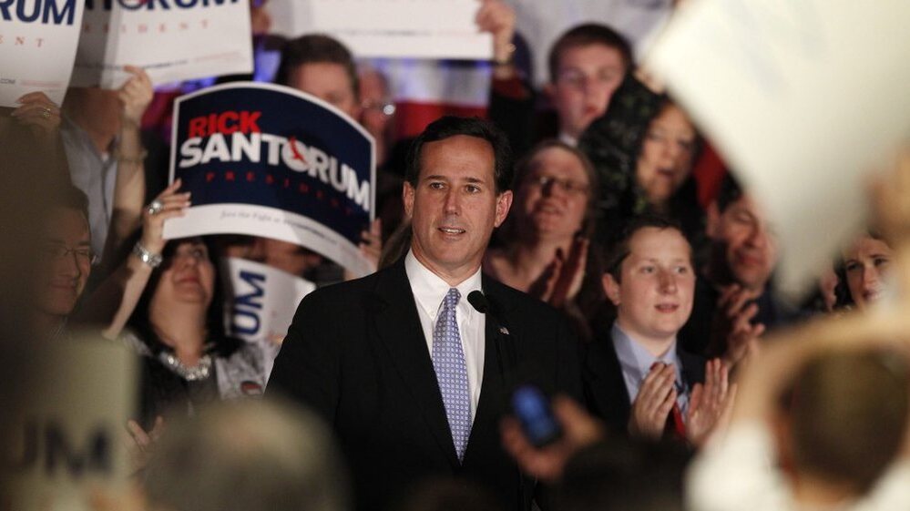  Rick Santorum speaks in Mars, Pa., on Tuesday, after Mitt Romney swept primaries in Wisconsin, Washington, D.C., and Maryland. In his speech, Santorum declared that it's "halftime" in the race for delegates and the GOP nomination. 