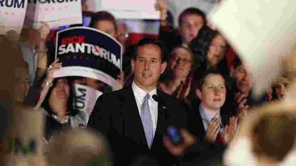 Rick Santorum speaks in Mars, Pa., on Tuesday, after Mitt Romney swept primaries in Wisconsin, Washington, D.C., and Maryland. In his speech, Santorum declared that it's "halftime" in the race for delegates and the GOP nomination. 