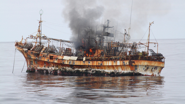 The Ryou-Un Maru after being fired upon and before it sank to the bottom of the Gulf of Alaska.