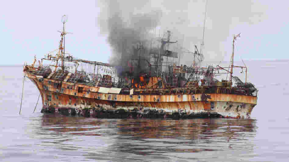 The Ryou-Un Maru after being fired upon and before it sank to the bottom of the Gulf of Alaska.