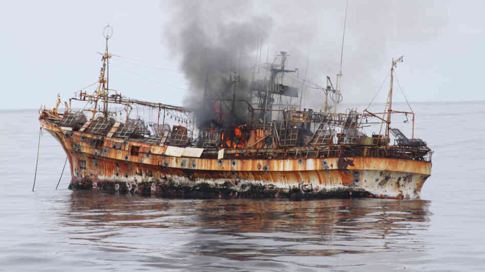 The Ryou-Un Maru after being fired upon and before it sank to the bottom of the Gulf of Alaska.
