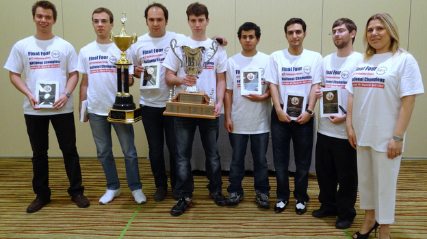Texas Tech University coach Susan Polgar, right, and her championship team. The coach and her top players are transferring to Webster University. 