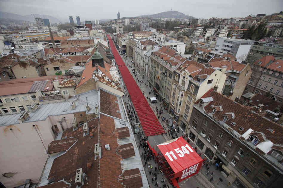 Red chairs fill a main street in Sarajevo on April 6, 2012, as the city marks the 20th anniversary of the start of the Bosnian war. 