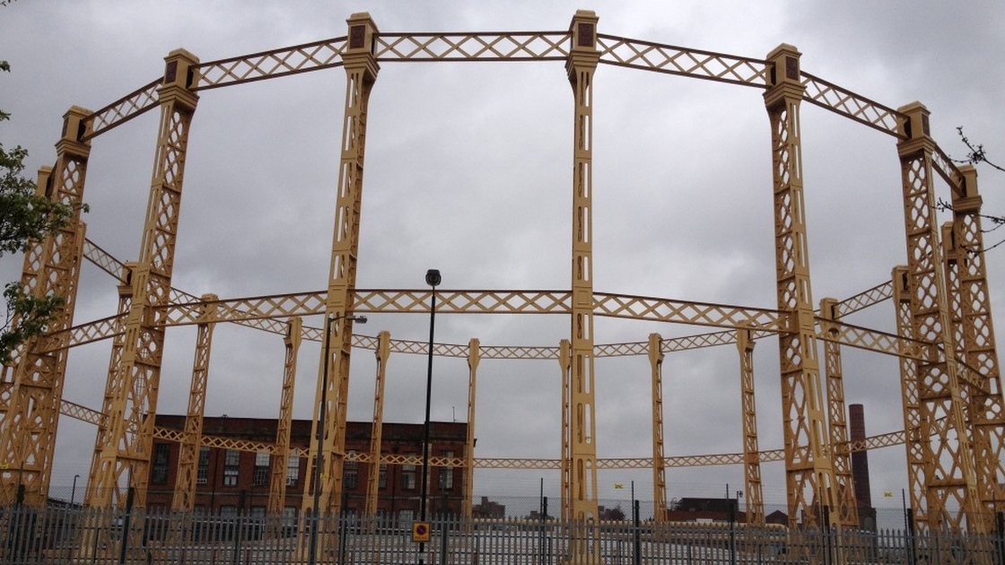 A gas storage facility in London. In the 19th century these tanks were called gasometers.