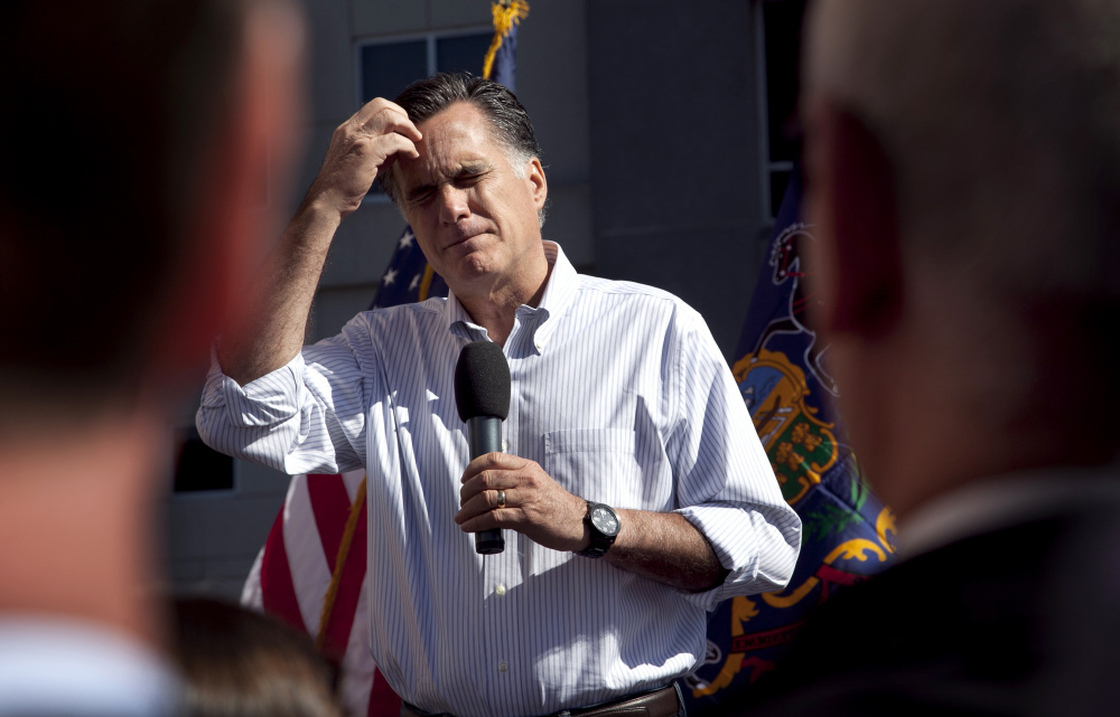 Republican presidential candidate Mitt Romney pauses while speaking at a campaign stop in Harrisburg, Pa., on Thursday. 