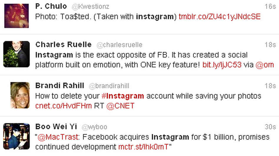 A sampling of Twitter users' response to the news that Facebook is purchasing Instagram for $1 billion. A sampling of Twitter users' response to the news that Facebook is purchasing Instagram for $1 billion.