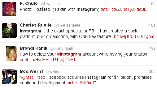 A sampling of Twitter users' response to the news that Facebook is purchasing Instagram for $1 billion.