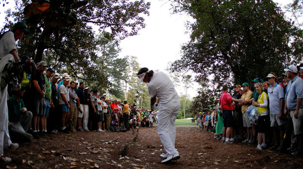 Bubba Watson hitting the hook that effectively won the Masters Tournament.