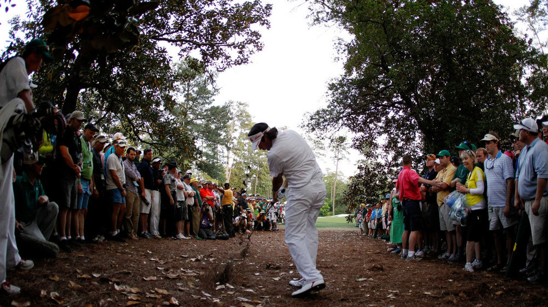 Bubba Watson hitting the hook that effectively won the Masters Tournament.
