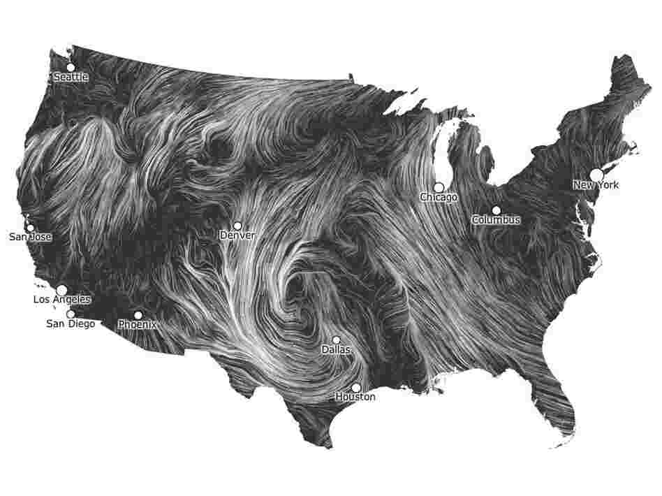 A map illustrating the wind patterns across the United States on March 21, 2012.
