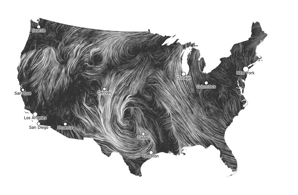 A map illustrating the wind patterns across the United States on March 21, 2012.