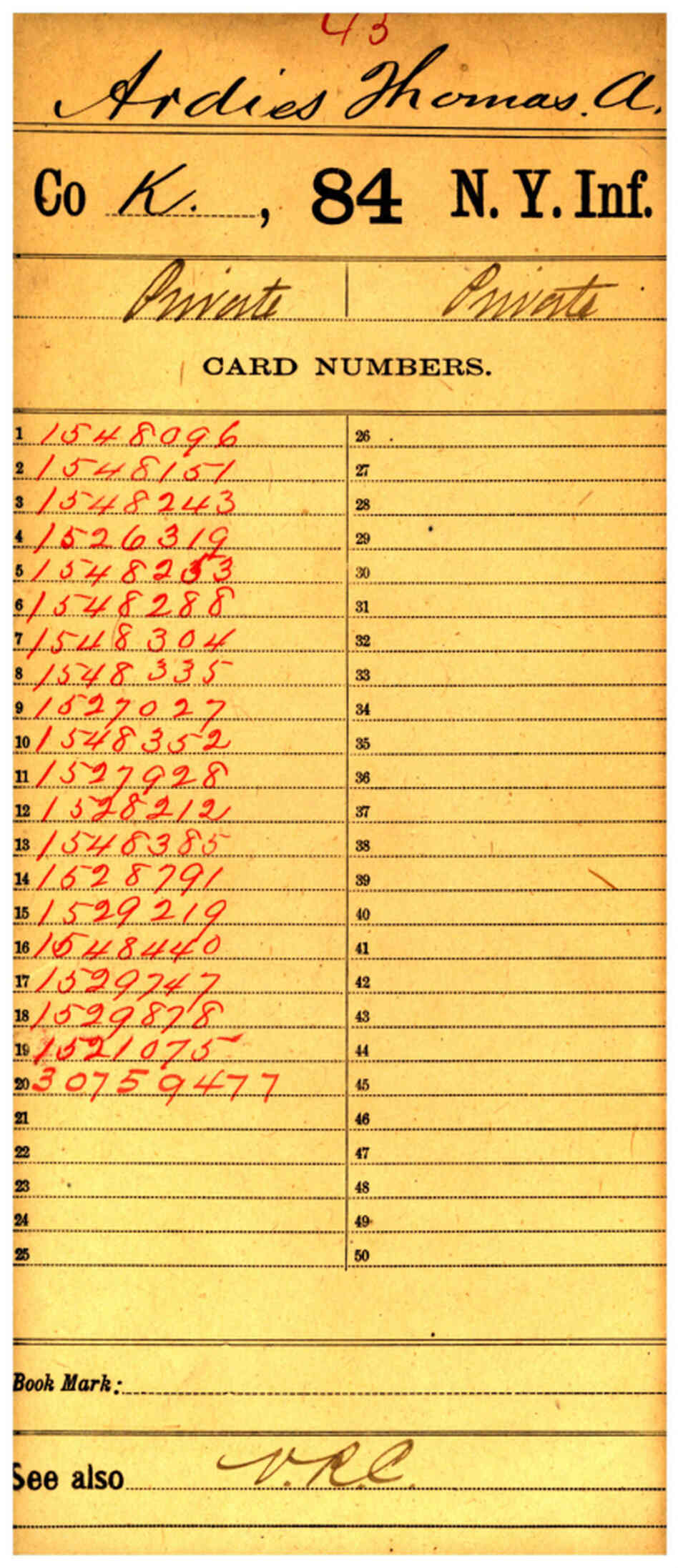The cover of the compiled military service record of Thomas A. Ardies, of the 14th Brooklyn regiment. The unit retained its name despite attempts to change it to the 84th New York. The cover of the compiled military service record of Thomas A. Ardies, of the 14th Brooklyn regiment. The unit retained its name despite attempts to change it to the 84th New York.