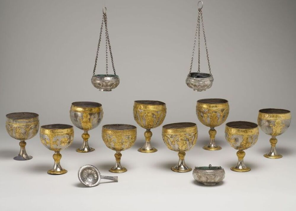 Silver chalices made in Syria in the sixth or seventh century. They are known as the Attarouthi Treasure, named after the prosperous Byzantine merchant town of Attarouthi.