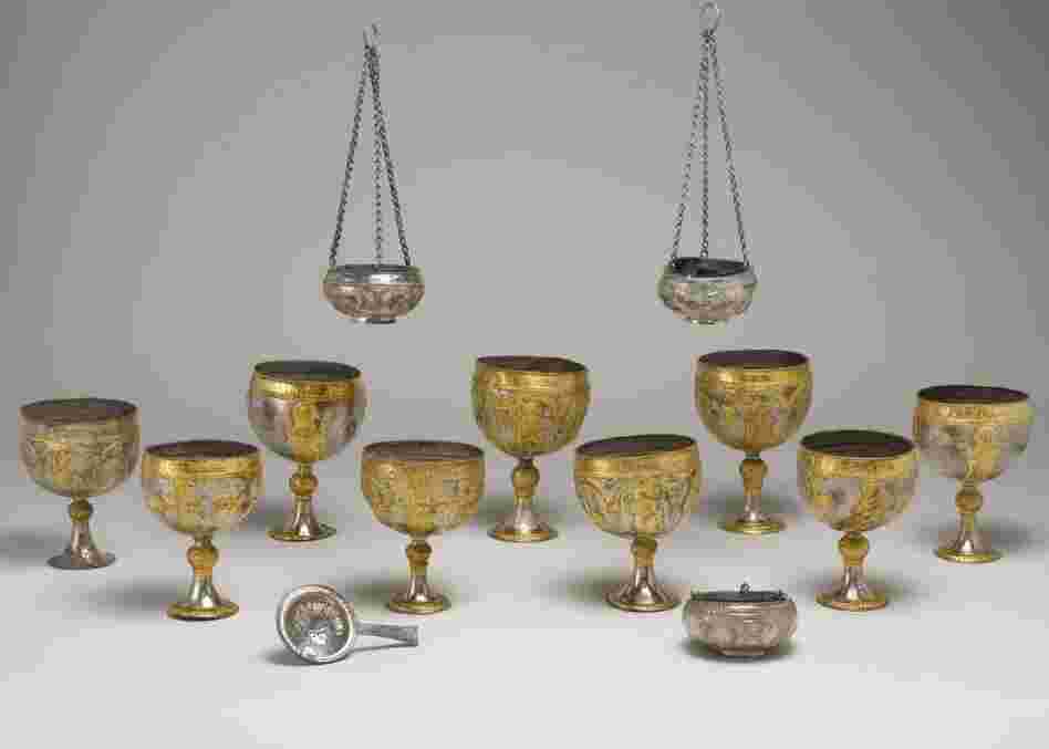 Silver chalices made in Syria in the sixth or seventh century. They are known as the Attarouthi Treasure, named after the prosperous Byzantine merchant town of Attarouthi.
