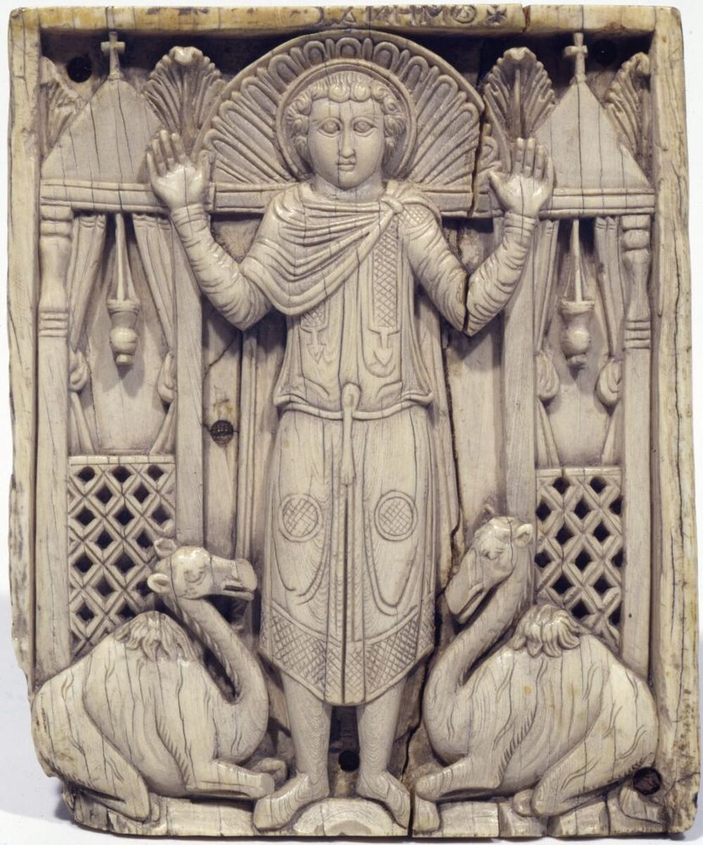 The Met's exhibit examines Christian Byzantium and Islam as they first came into contact in the Middle East in the seventh to ninth centuries. This ivory carving is from what is known as the Grado Chair, a Christian artifact from the Eastern Mediterranean or Egypt in the seventh to eighth century.