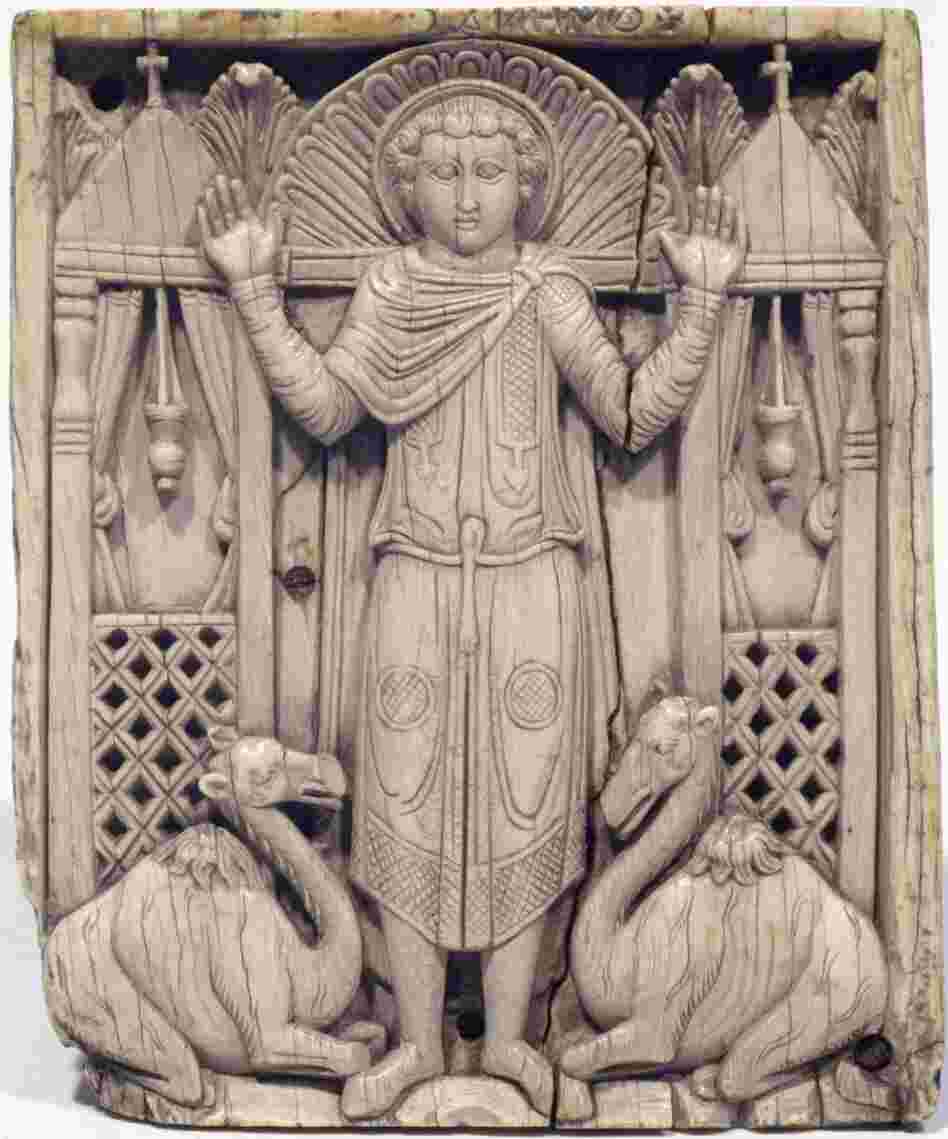 The Met's exhibit examines Christian Byzantium and Islam as they first came into contact in the Middle East in the seventh to ninth centuries. This ivory carving is from what is known as the Grado Chair, a Christian artifact from the Eastern Mediterranean or Egypt in the seventh to eighth century.