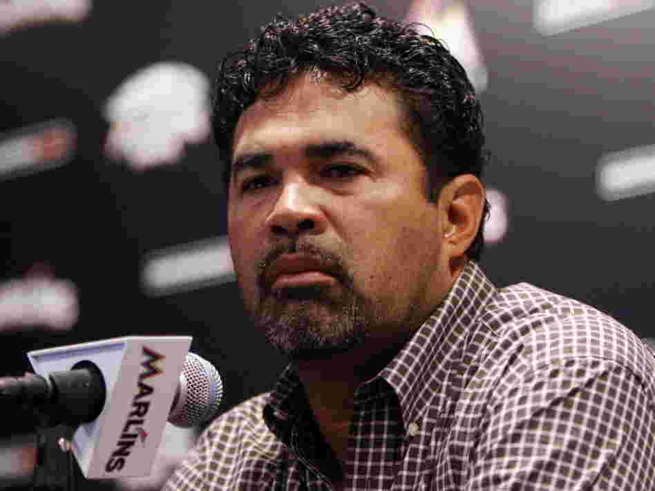 Marlins manager Ozzie Guillen during his news conference this morning in Miami. 