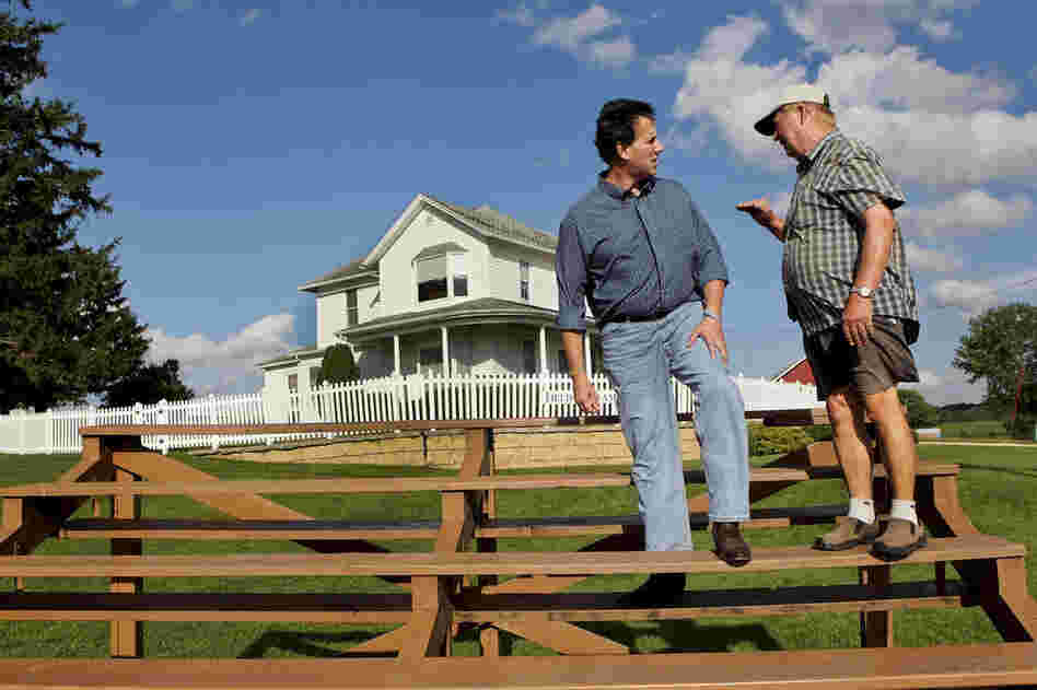 Campaigning in August, Santorum stops at the Dyersville, Iowa, farm where the movie Field of Dreams was filmed. 
