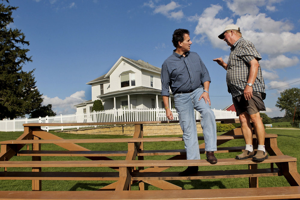 Campaigning in August, Santorum stops at the Dyersville, Iowa, farm where the movie Field of Dreams was filmed. 