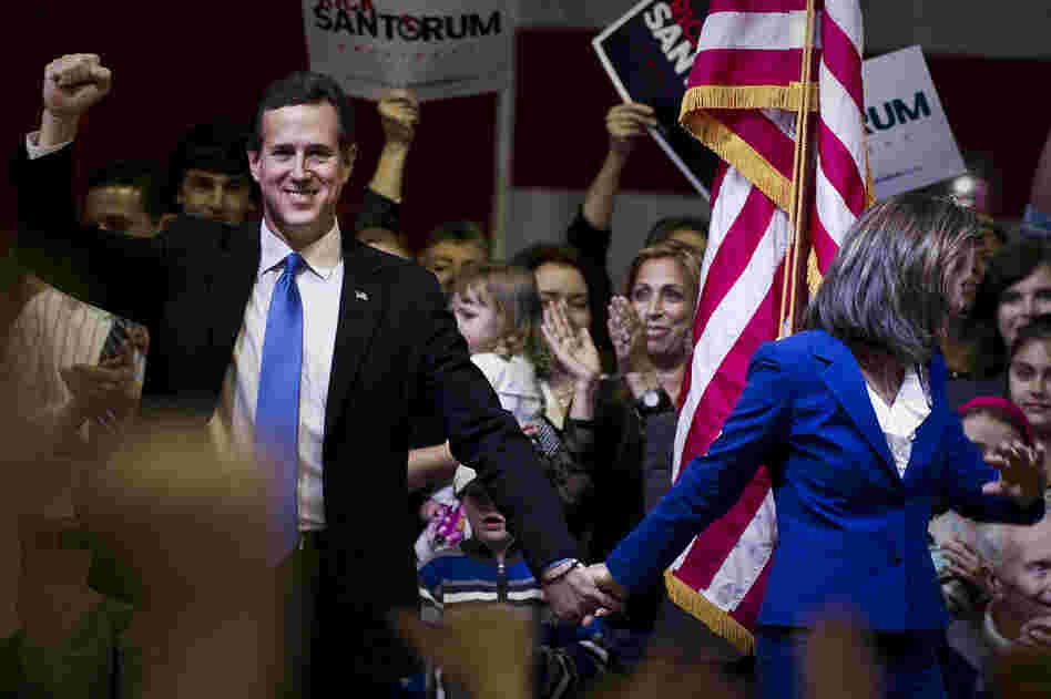 Santorum celebrates Super Tuesday wins in Oklahoma and Tennessee on March 6 in Steubenville, Ohio — a state he narrowly lost. 