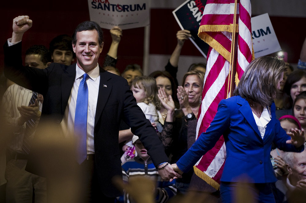Santorum celebrates Super Tuesday wins in Oklahoma and Tennessee on March 6 in Steubenville, Ohio -- a state he narrowly lost. 