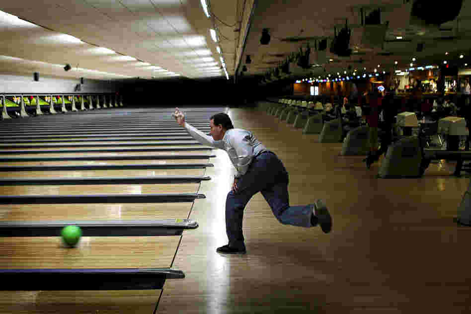 Santorum gets in some bowling at Sabre Lanes in Menasha, Wis., following a campaign rally on April 2. 