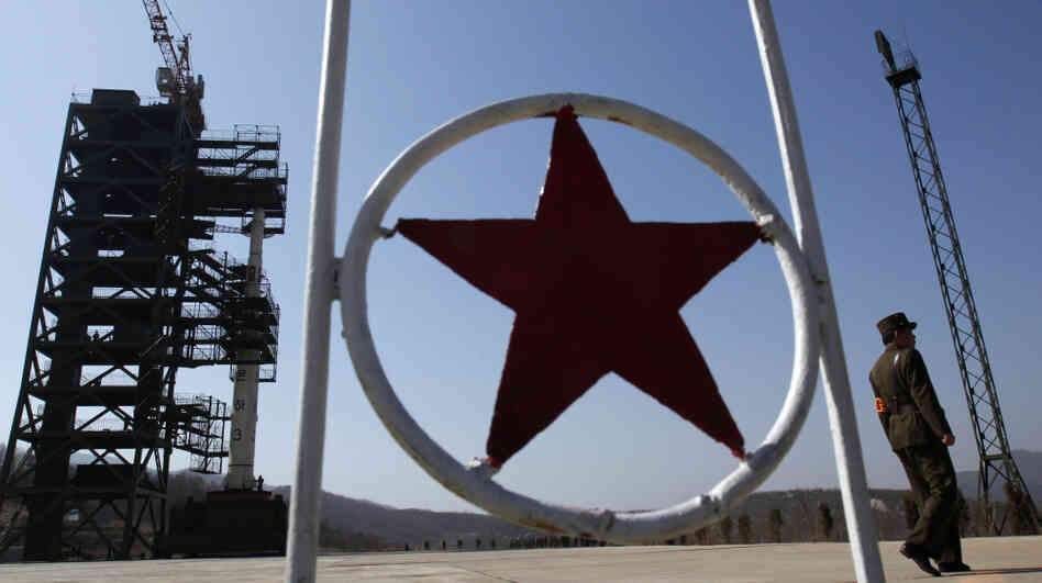 A North Korean soldier stands guard in front of the Unha-3 (Milky Way 3) rocket on a launchpad at the West Sea Satellite Launch Site, during a guided media tour by North Korean authorities northwest of Pyongyang on April 8. A North Korean soldier stands guard in front of the Unha-3 (Milky Way 3) rocket on a launchpad at the West Sea Satellite Launch Site, during a guided media tour by North Korean authorities northwest of Pyongyang on April 8.
