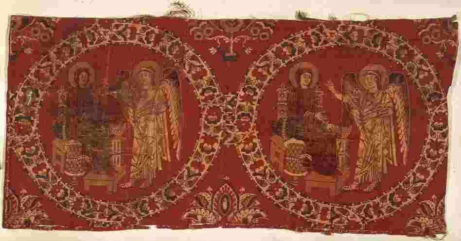 The Christian Annunciation, depicted in a tapestry of polychrome silk from the eighth or ninth century. 