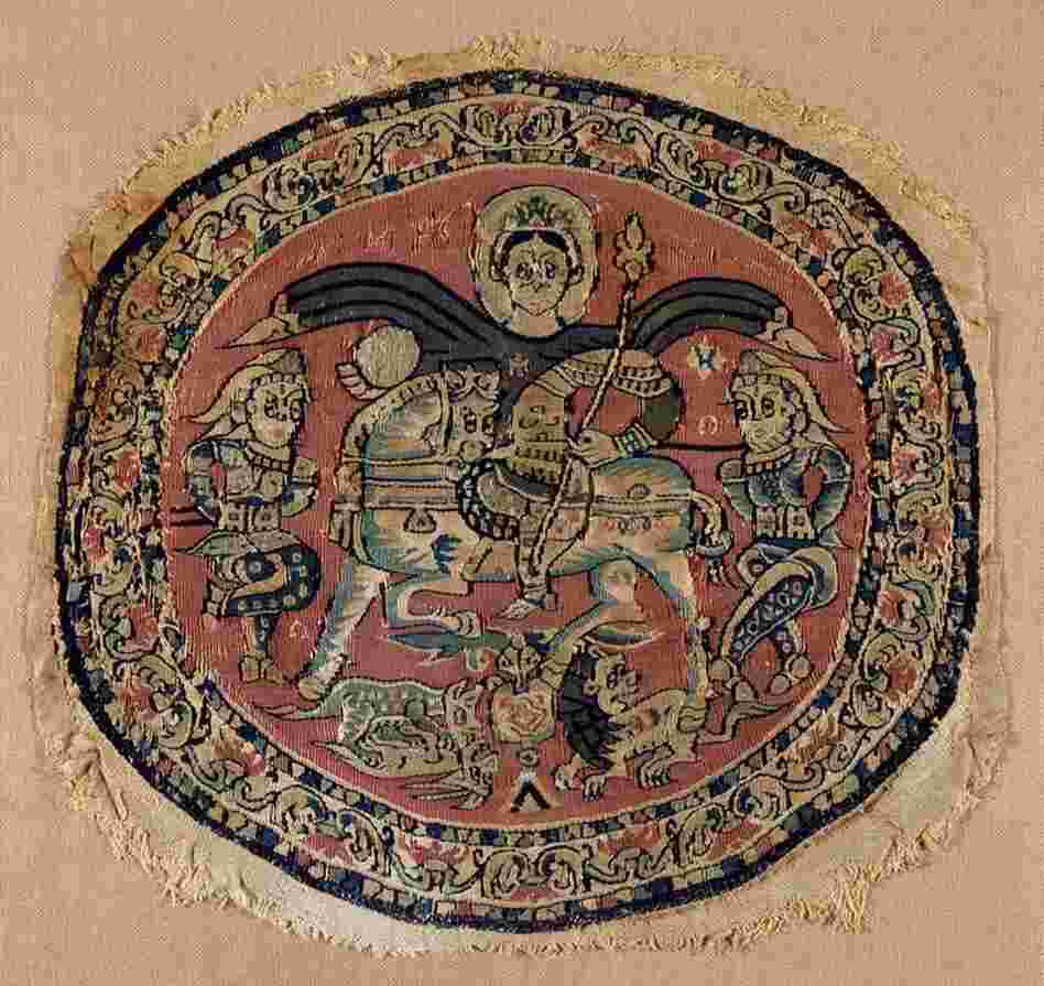 A tapestry depicting a Byzantine emperor, made in Egypt in the eighth century, typical of imagery of the time. 