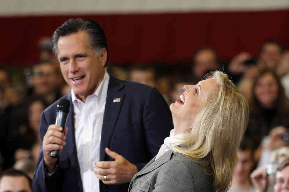 LOL: Ann Romney laughs with her husband during a town hall meeting in Youngstown, Ohio, in March. 