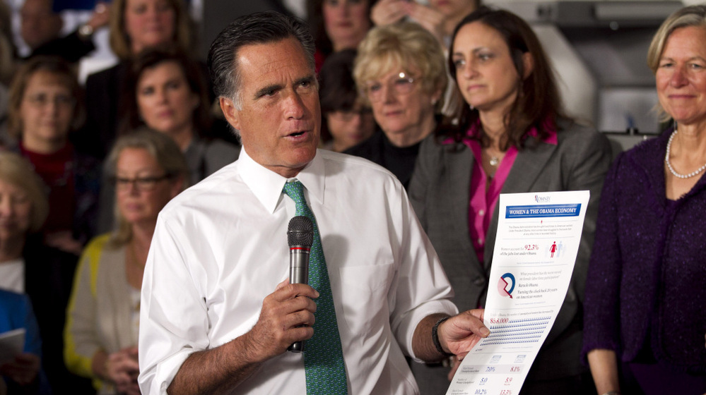 Mitt Romney holds a flier titled "Women & The Obama Economy" as he speaks in Hartford, Conn., Wednesday