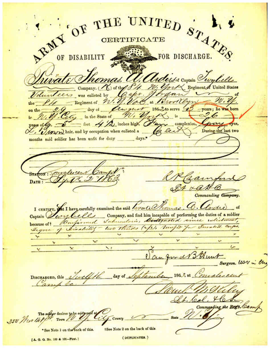 Thomas A. Ardies' certificate of disability, issued by the U.S. Army in 1863. 