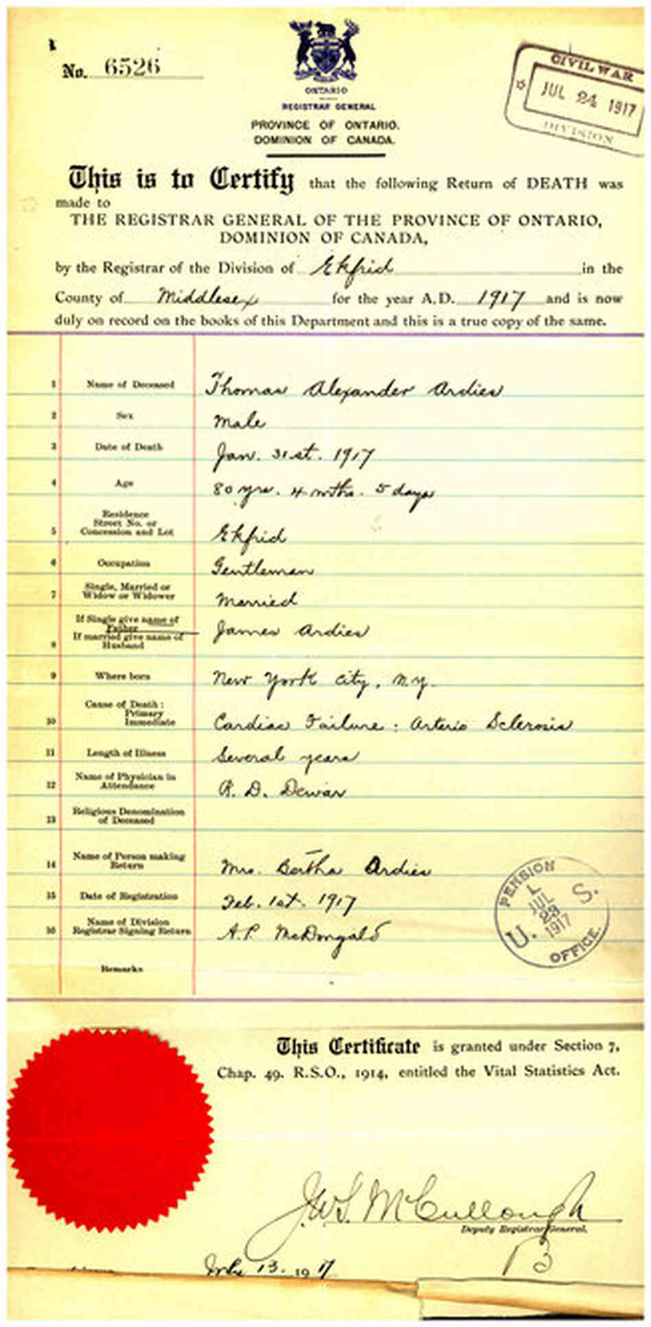 The death certificate for T.A. Ardies, who died at the age of 80 on Jan. 31, 1917. His occupation is listed as "Gentleman." 