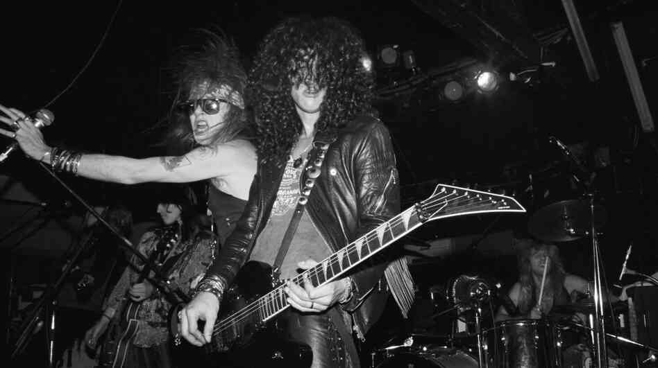 Izzy Stradlin, Axl Rose, Slash and Steven Adler of Guns N' Roses, performing in California in 1986. Izzy Stradlin, Axl Rose, Slash and Steven Adler of Guns N' Roses, performing in California in 1986.