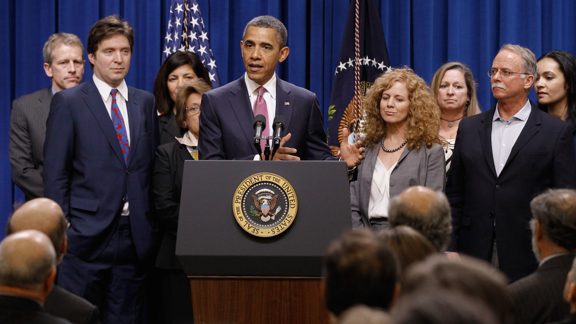 President Obama, with millionaires and their assistants, makes a point on the "Buffett Rule" in Washington, DC, Wednesday, April 11, 2012.