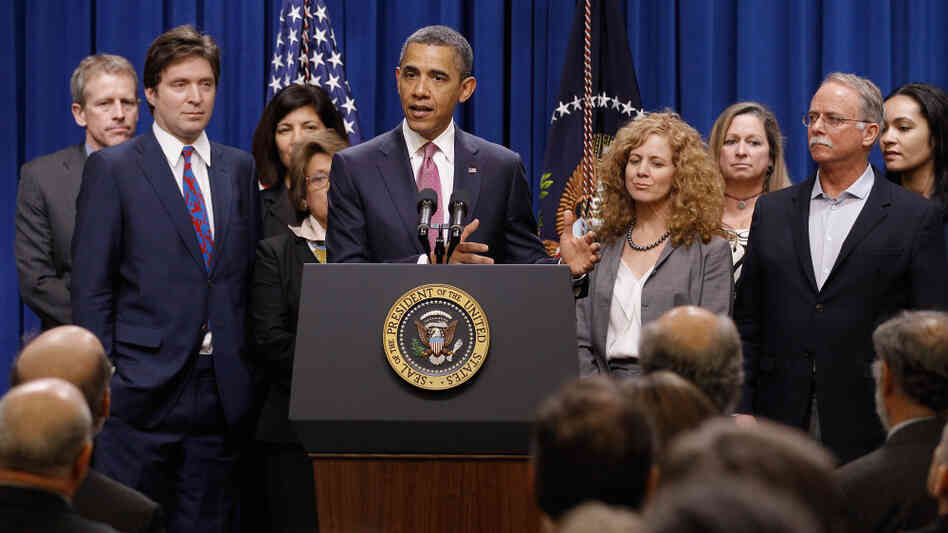 President Obama, with millionaires and their assistants, makes a point on the "Buffett Rule" in Washington, DC, Wednesday, April 11, 2012.