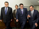 Secretary of Defense Leon E. Panetta, far right, escorts Afghanistan's Minister of National Defense Abdul Rahim Wardak (center) and Minister of Interior Gen. Bismillah Khan Mohammadi (left) in the Pentagon. Secretary of Defense Leon E. Panetta, far right, escorts Afghanistan's Minister of National Defense Abdul Rahim Wardak (center) and Minister of Interior Gen. Bismillah Khan Mohammadi (left) in the Pentagon.