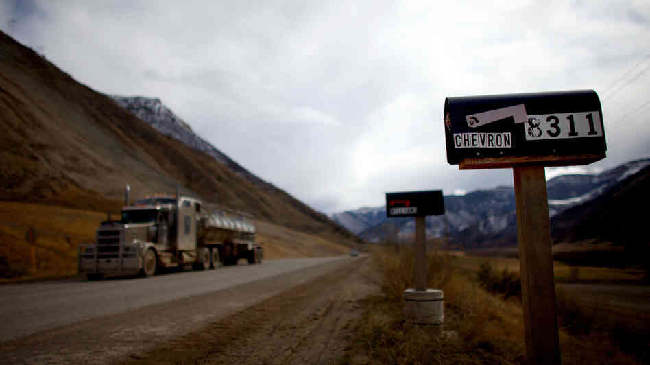 A water truck heads up Colorado Road 215 along Parachute Creek. Water is key to extracting natural gas from deep underground. A water truck heads up Colorado Road 215 along Parachute Creek. Water is key to extracting natural gas from deep underground.