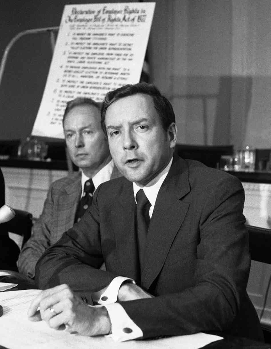 Sen. Orrin Hatch, R-Utah, is shown in 1977 in Washington, D.C. In background is Rep. John Erlenborn, R-Ill.