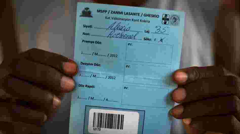 Rice farmer Alexi Rochnel shows his blank cholera vaccination card. April is the beginning of Haiti's rainy season, which will likely intensify Haiti's cholera outbreak. Rice farmer Alexi Rochnel shows his blank cholera vaccination card. April is the beginning of Haiti's rainy season, which will likely intensify Haiti's cholera outbreak.