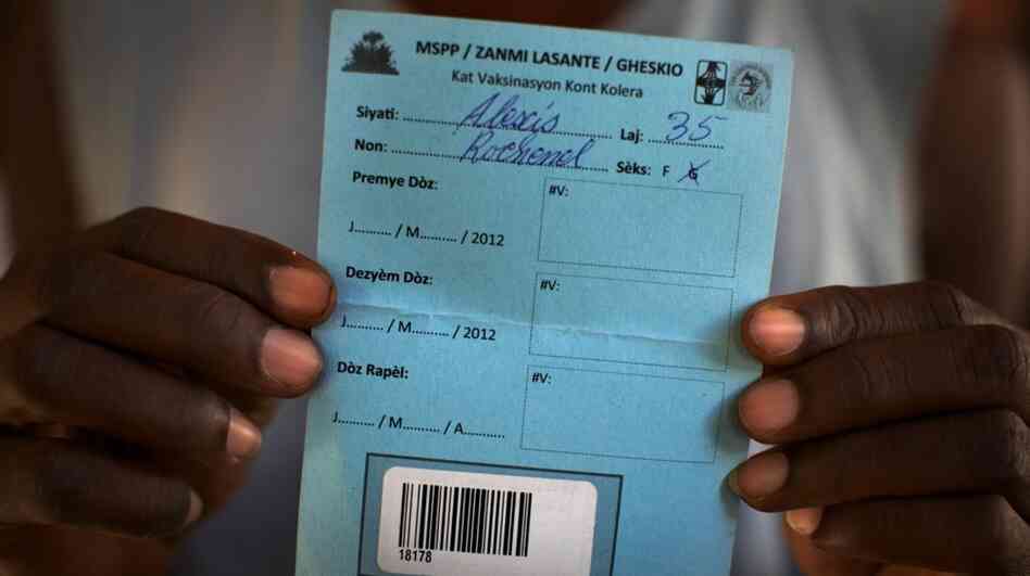 Rice farmer Alexi Rochnel shows his blank cholera vaccination card. April is the beginning of Haiti's rainy season, which will likely intensify Haiti's cholera outbreak. Rice farmer Alexi Rochnel shows his blank cholera vaccination card. April is the beginning of Haiti's rainy season, which will likely intensify Haiti's cholera outbreak.