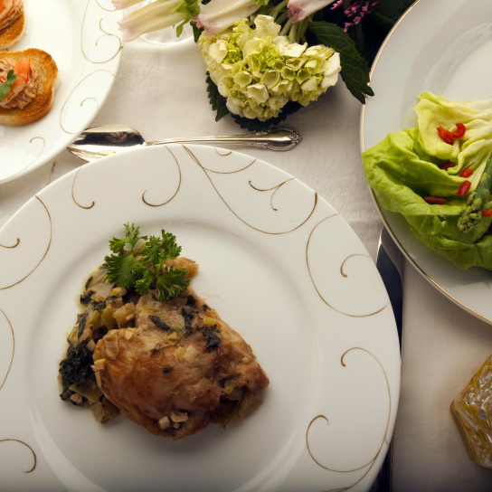 Braised chicken and asparagus salad are part of one menu inspired by meals served on the Titanic.
