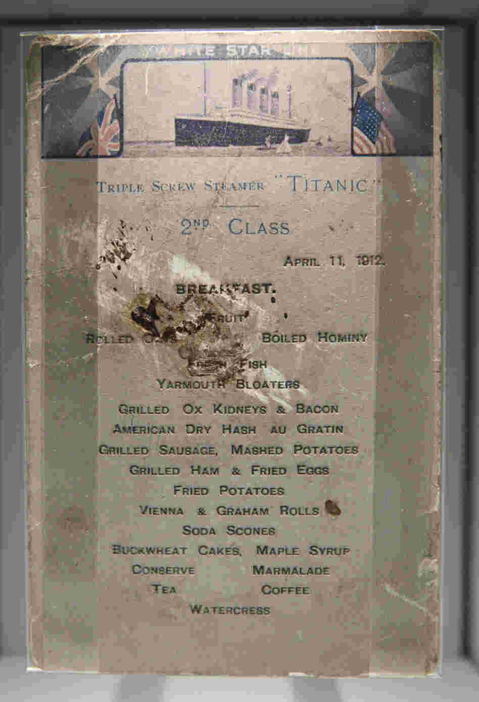 A second class breakfast menu from Titanic seen on display at the SeaCity Museum in London.