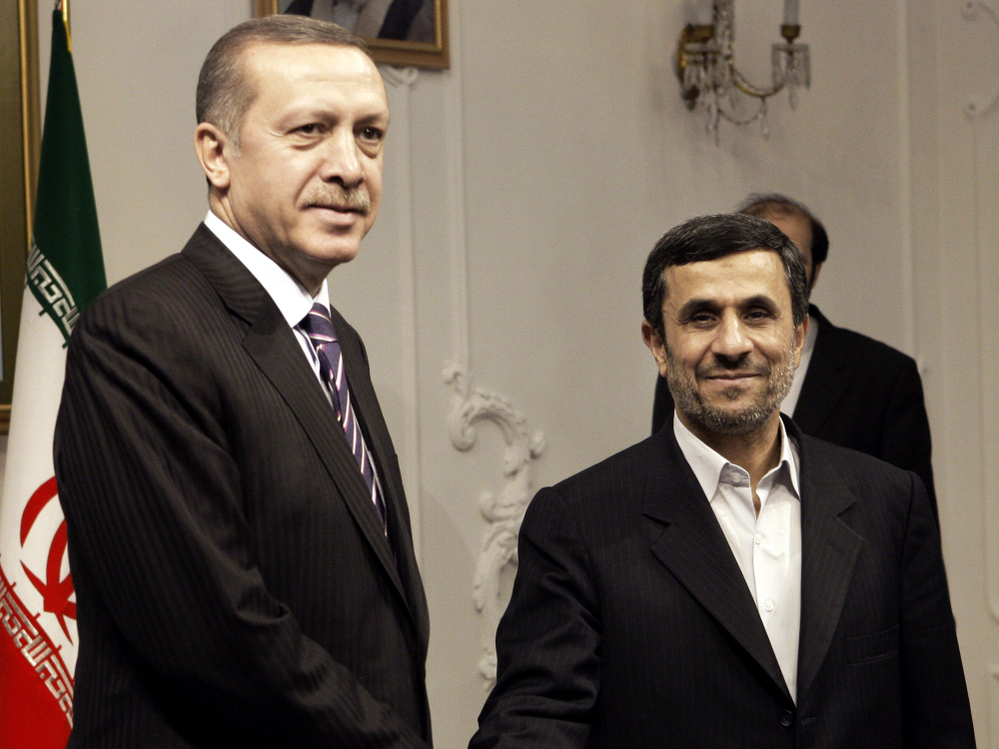 Turkish Prime Minister Recep Tayyip Erdogan meets Iranian President Mahmoud Ahmadinejad in Tehran, Iran, in March. Relations between the two countries have deteriorated over Iran's continued support of the Syrian regime.