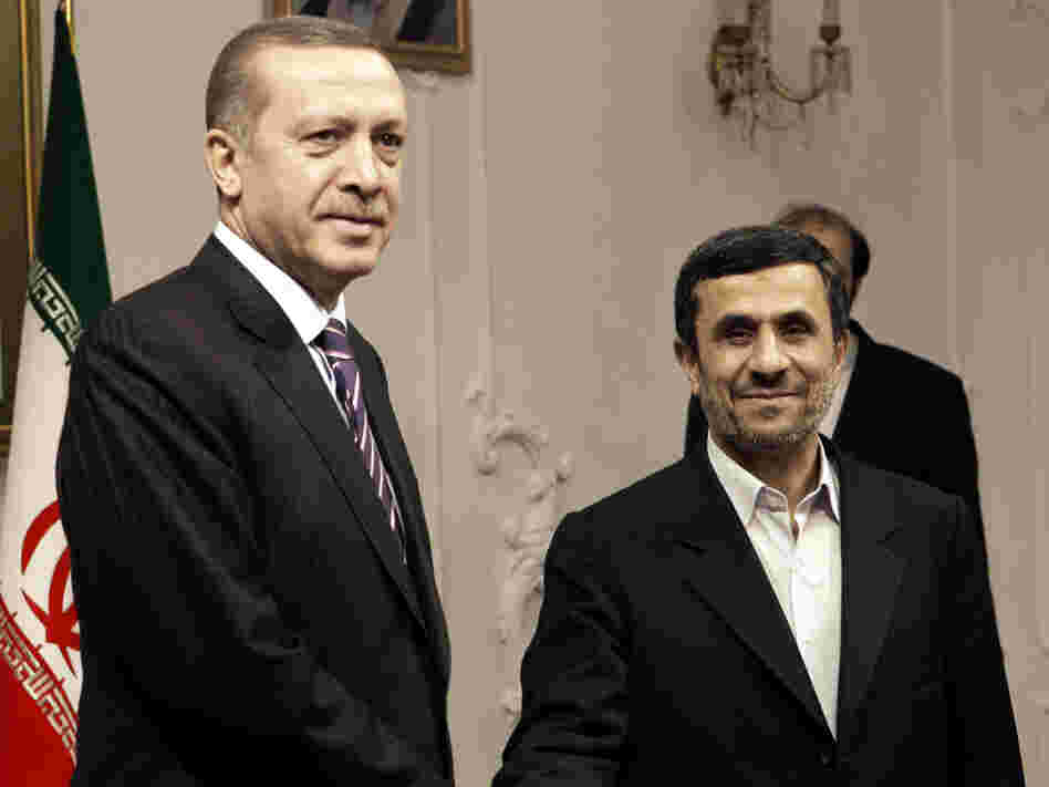 Turkish Prime Minister Recep Tayyip Erdogan meets Iranian President Mahmoud Ahmadinejad in Tehran, Iran, in March. Relations between the two countries have deteriorated over Iran's continued support of the Syrian regime.
